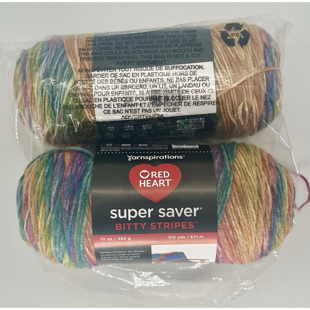 Red Heart Super Saver Bitty Stripes Rainbow Yarn Lot of 2 Skeins 10oz Each NEW